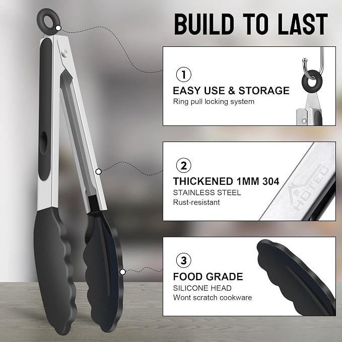 HOTEC Premium Stainless Steel Locking Kitchen Tongs with Silicon Tips, Set of 2-9" and 12" - Image 5