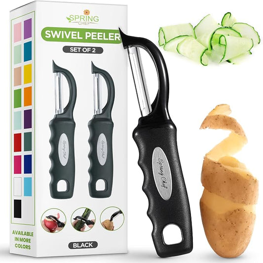 Spring Chef Swivel Vegetable Peeler with Soft Grip Handle, Set of 2, Black | Premium Potato Peeler w/ Ultra Sharp Stainless Steel Blades, Multifunctional Veggie Peeler for Apple, Carrot, Cucumber, Fruit by SpringChef