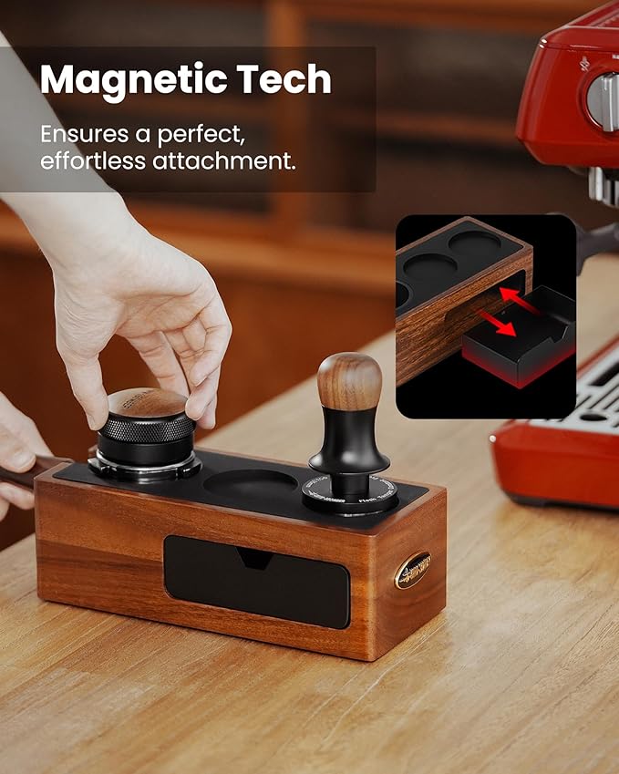 MHW-3BOMBER Espresso Tamping Station, 4 in 1 Walnut Espresso Organizer Box with Magnetic Drawer for Storage 51-58mm Espresso Tamper,Distributor,Portafilter and Espresso Accessories,CH6718