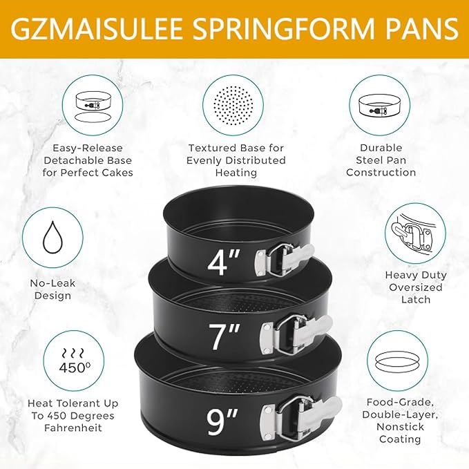 Springform Cake Pan Set of 3 (4, 7, 9 Inch) Round Leakproof Nonstick Cheesecake Pans with Removable Bottom Carbon Steel Bakeware - Image 2