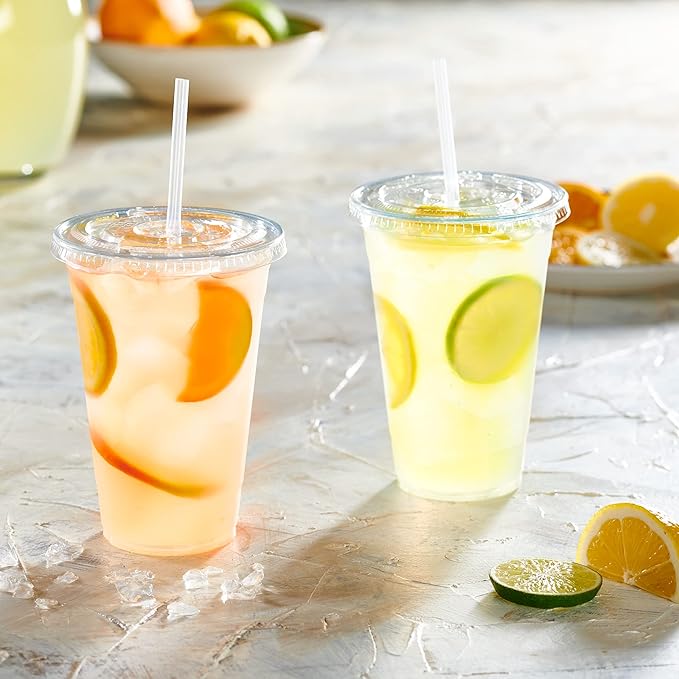 GUSTO [20 oz - 100 Sets Clear Plastic Cups with Lids and Straws – Disposable Iced Coffee Cups for Cold Drinks, Smoothies, Boba, and To-Go Beverages – Sturdy, Easy-to-Separate