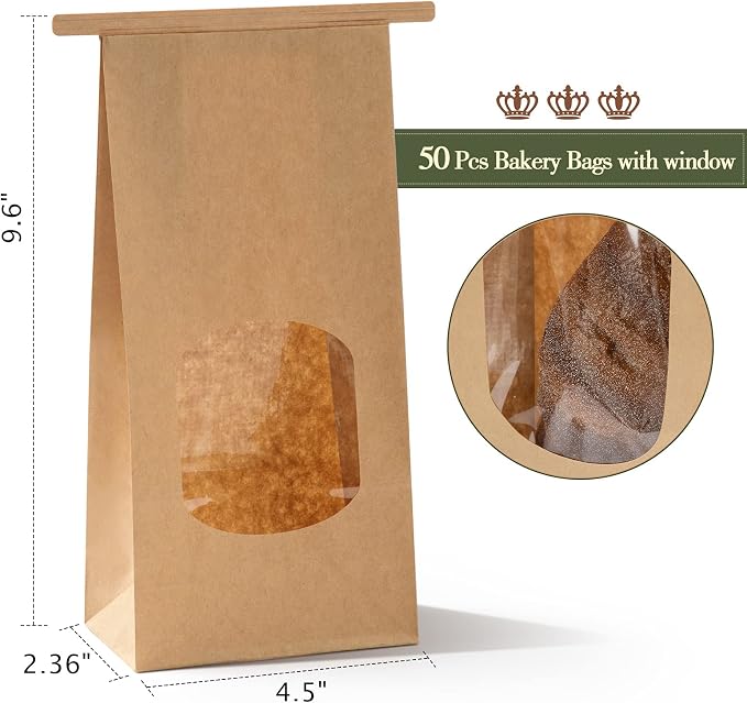 Tenare 50 Pieces Brown Bakery Bags with Window Kraft Paper Bags Christmas Tin Tie Tab Lock and 60 Pieces Adorable Handmade Label Seal Stickers Window for Xmas Coffee Cookie Treat, 4.5 x 2.56 x 9.6" - Image 2