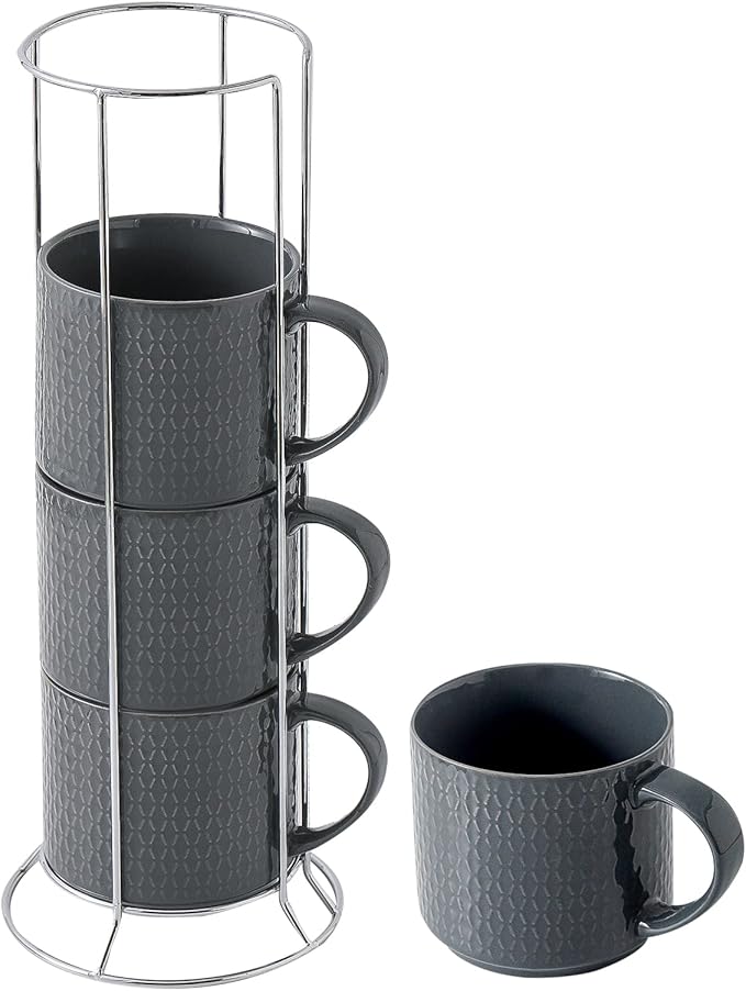 Hasense Coffee Mugs Set of 4 with Stand, 15 oz Porcelain Stackable Coffee Cups Set with handle for Tea, Latte, Milk and Cappuccino, Grey Embossed Tea Cups Set with Geometric Patterns for Men and Women by Hasense