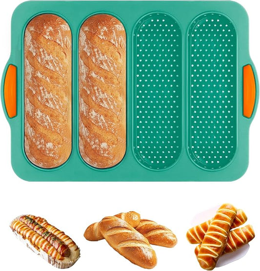Silicone Bread Loaf Pan, 4-cavity Non-Stick Baguette Bread Pan Heat Resistant Hot Dog Bun Mold, for Sub Roll Baking Pan Bread Pans for Homemade Bread（Dark Green）