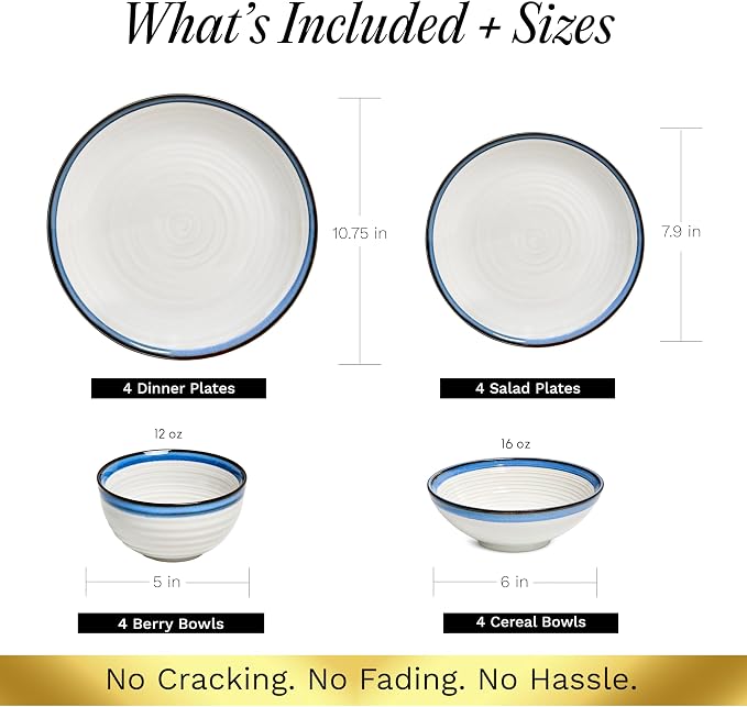 Sango Siterra Santorini 16-Piece Stoneware Dinnerware Set for 4, Ceramic White Plates and Bowls Sets with Blue Rim & Reactive Glaze, Chip Resistant Dish Set, Microwave & Dishwasher Safe Kitchen Dishes - Image 5