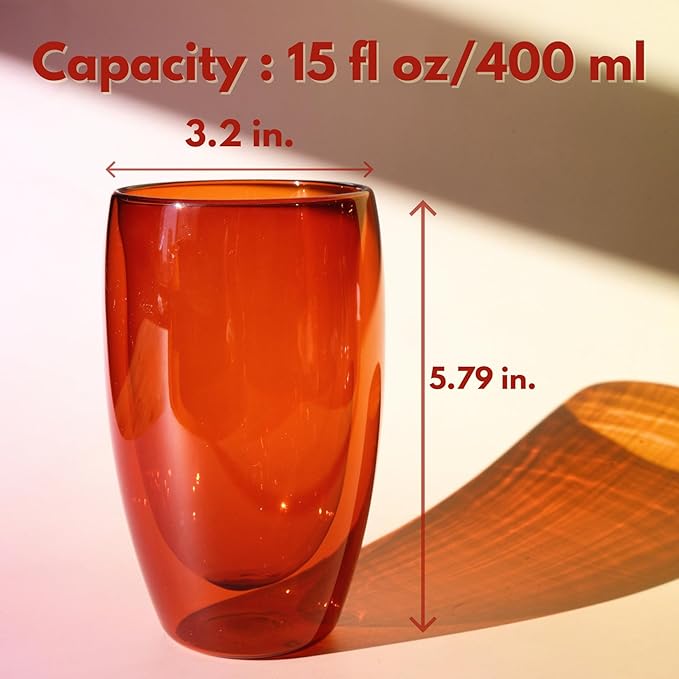 Double Wall Glass 15oz Insulated Glass Mug for Hot Beverage Coffee Tasting Christmas Drinks Home Café Cozy Nights Holiday Gifts Set in Amber Brown/Rose Pink