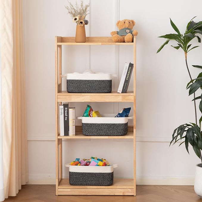 OIAHOMY 3 Pack Storage Baskets for Organizing, Woven Cotton Rope Basket for Shelves, Closet Organizer Bins with Handles, Rectangle Toy Organization, 13.78''×9.84''×5.5'', Black & White - Image 2