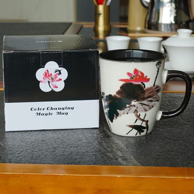 Funny Ceramic Magic Heat Color Changing Art Coffee Tea Mug Lotus Printing Porcelain Mugs for Women Personalized White Green Tea Cup 16 oz Large Coffee Mug for Mom Girl Grandma And Man - Image 7