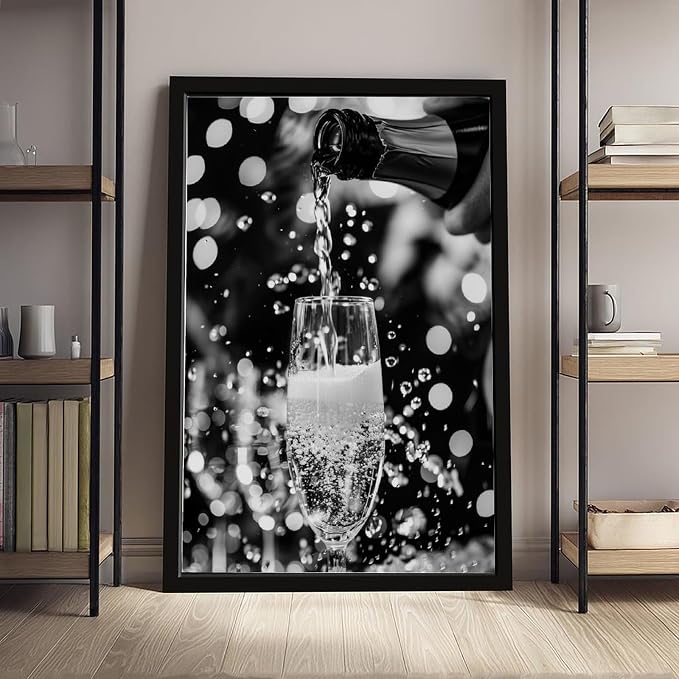 UXCBIA Pouring Champagne, Black And White Art, Wine Glasses Poster, Party, Retro Photography Canvas Poster Bedroom Decor Sports Landscape Office Room Decor Gift Black Frame 16x24in(40x60cm) - Image 4