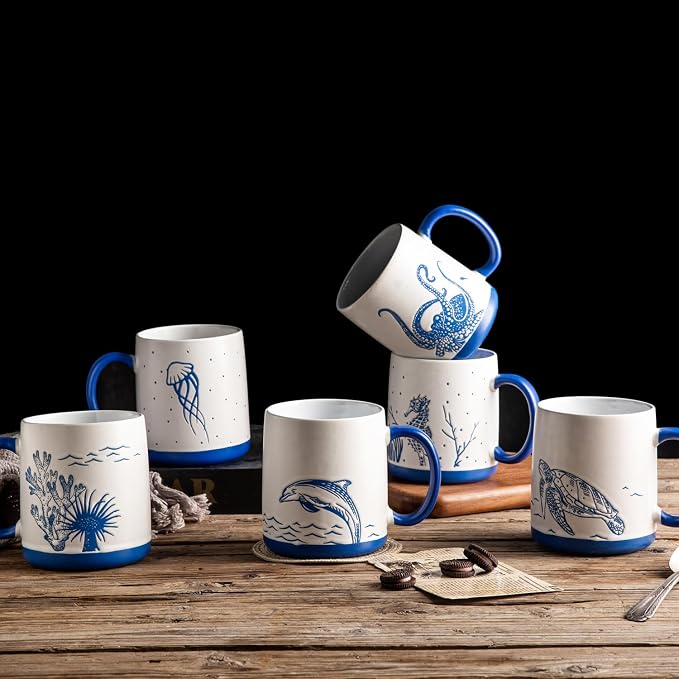AmorArc Large Coffee Mugs Set of 6, 18oz Ceramic Coffee Cups with Sea Life Textured Patterns for Tea Latte Cocoa. Easy to Hold&Clean, Dishwasher&Microwave Safe, Matt White - Image 6