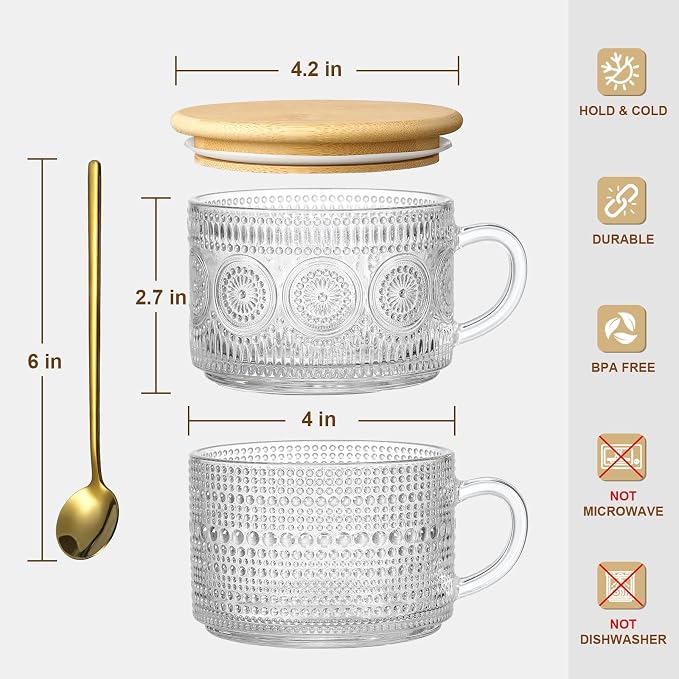 Vintage Coffee Mugs, Overnight Oats Containers with Bamboo Lids and Spoons - 14oz Clear Embossed Glass Cups, Cute Coffee Bar Accessories, Iced Coffee Glasses, Ideal for Cappuccino, Latte, 2 Pack - Image 7