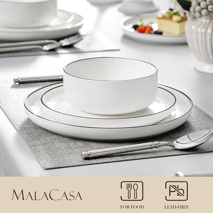 MALACASA 18 Pcs Porcelain Plates and Bowls Sets,Dinnerware Set for 6,White | Modern Ceramic Dishware Set,Kitchen Dining Ware,Microwave and Dishwasher Safe,Simple White with Black Trim Design,Series LUNA - Image 3