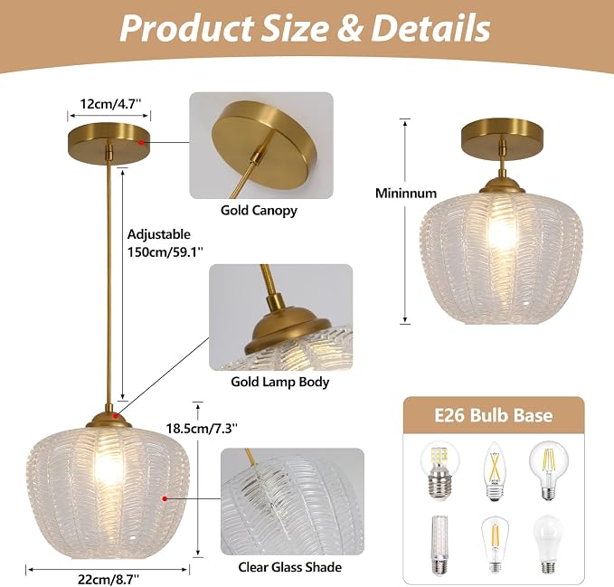 KCO Lighting Clear Glass Pendant Lights Kitchen Island Light Fixture Vintage Ribbed Glass Ceiling Light Antique Brass Pendant Light Gold Globe Pendant Light Fixture - Image 2