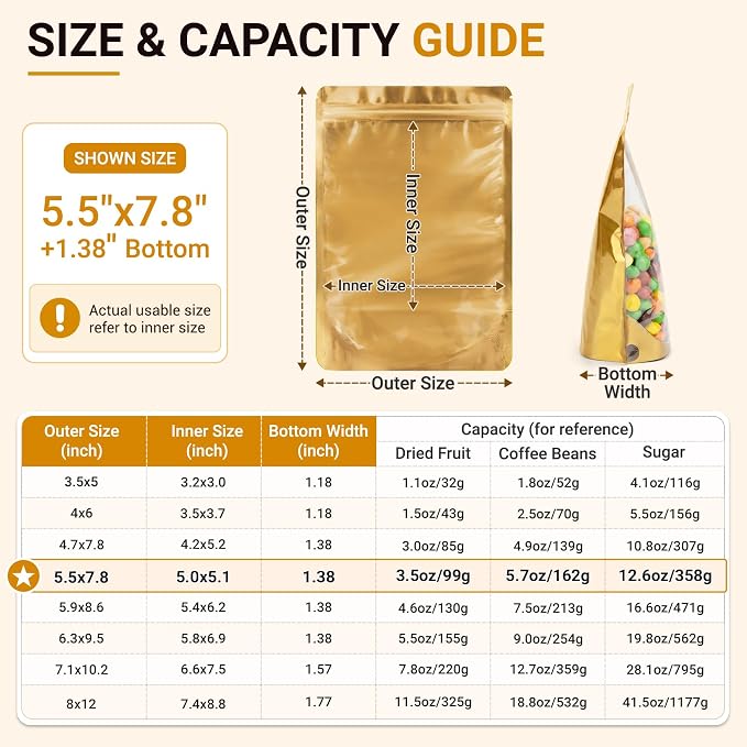 ANZNKU 100PCS Mylar Bags Resealable Small Smell Proof Bags(Gold, 5.5x7.8) | Stand Up Foil Pouches Clear Window, Sealable Bags for Small Business Packaging Snack Party Favors Candy Treats Food Storage - Image 2