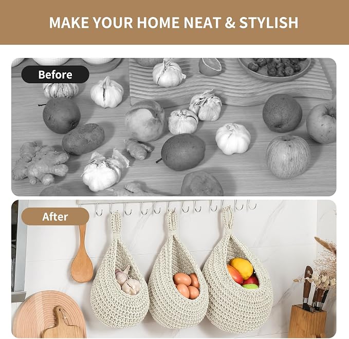 Boho Wall Hanging Fruit Baskets for Kitchen 3 Pack Woven Produce Holder with 6 Pcs Strong Hooks Vegetable Hanging Basket for Organizing Teardrop Home Wall Potato Onion Storage, White - Image 5