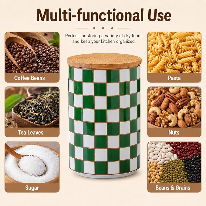 Kitchen Countertop Ceramic Checkered Canisters,Black And White Food Storage Containers With Lid,Airtight Kitchen Canisters for Flour, Sugar, Coffee, Tea, and Dry Goods (Green, XL) - Image 3