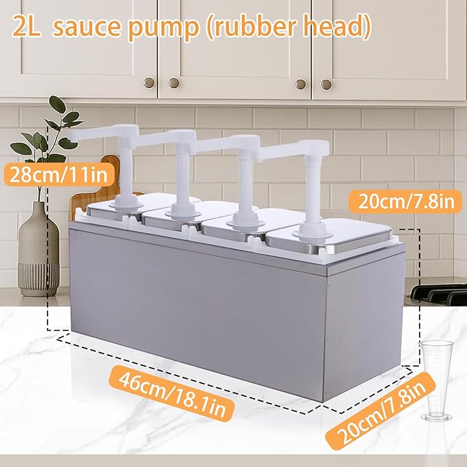 8.46 Quart Condiment Dispenser Pump,Syrup Pump Dispenser with Measuring Cup, Large Capacity Detachable Leak-Proof Design for Sauce, Honey, Syrup,Soy Sauce,Mustard,Cheese (2.11 QT, 4 pumphead)