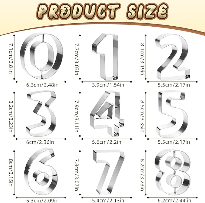 9 PCS Number Cookie Cutters Set, 3 Inches 0-8(6 Reverses to 9) Stainless Steel Cookie Cutters, Numbers Shaped Cake Decorating Tools for Home Baking, Party Favors (Number)
