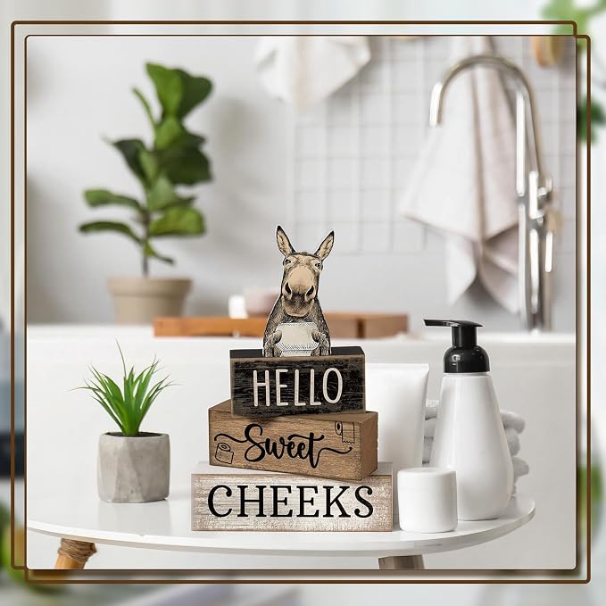 Moucuny 4 Pcs Donkey Bathroom Decor Set Farmhouse Bathroom Decor and Accessories Rustic Hello Sweet Cheeks Wooden Blocks Signs Funny Donkey Toilet Shelf Decoration for Home Office Half Bath - Image 7