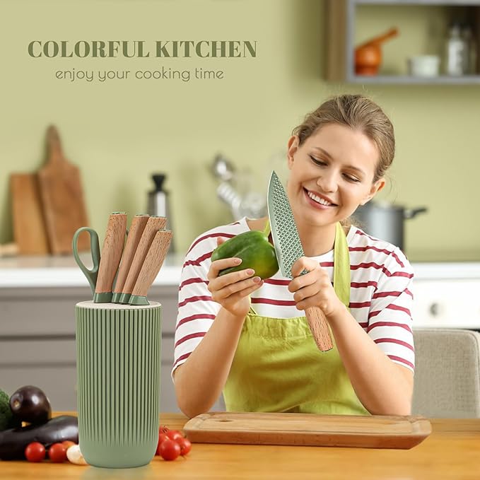 Kitchen Knife Set, Retrosohoo 6-Pieces Green Sharp Knife Set for Kitchen, Non-stick Non-slip Stainless Steel Chef Knife Set with Universal Knife Block Suitable for Home Restaurant (Green) - Image 6
