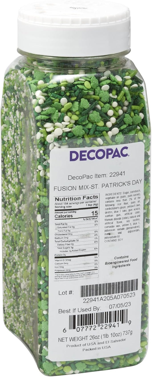 DecoPac St. Patrick's Day Fusion Mix Sprinkles, 26oz, Green, White Candy Sprinkles in Handheld Container, Edible Decorations For Celebration Cakes, Cupcakes, Cookies and Donuts by Decopac