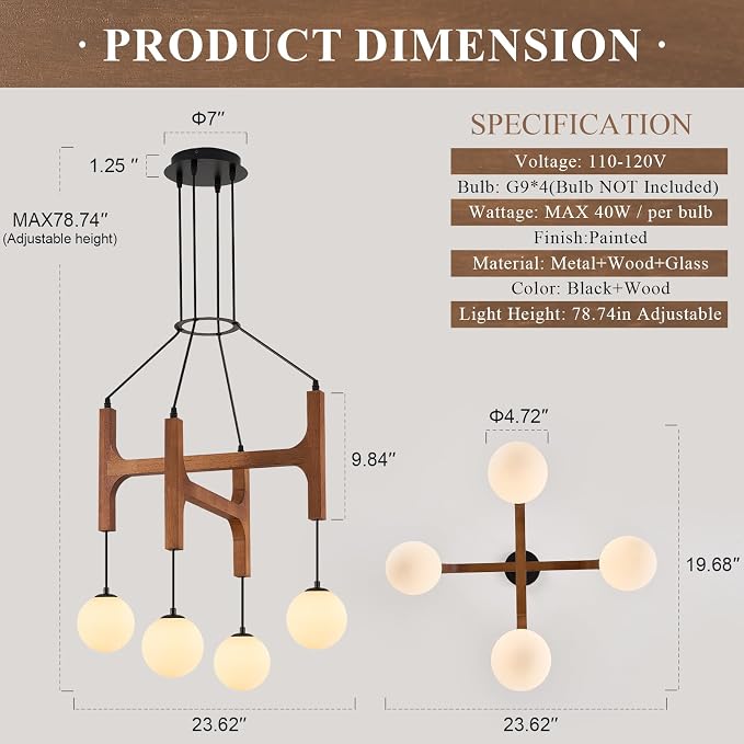 Rustic Wood Chandeliers with Milk Glass Globes Lampshades L24 '' Unique Mid Century Long 4-Light Pendant Chandelier Wood Stained Walnut Farmhouse for Living Dining Room Entryway Bedroom Kitchen,G9 - Image 3