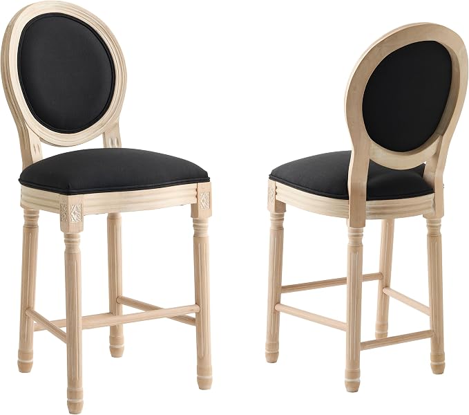French Country Barstool, Linen Farmhouse Counter Height Chair | Set of 2, with Cushion Round Back and Solid Wood Legs, Oval Chairs for Restaurant, Bar, Kitchen, Café, Black by RCDDFurniture