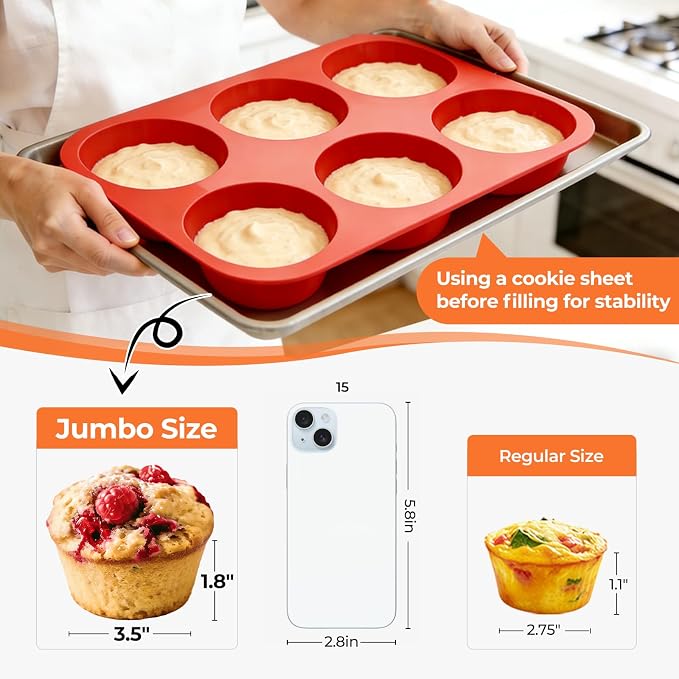 CAKETIME Silicone Jumbo Muffin Pan, 3.5 Inch Silicone Texas Muffin Pan 6 Cup Large Cupcake Pan Nonstick BPA Free Silicone Molds 2 Pack Red - Image 2