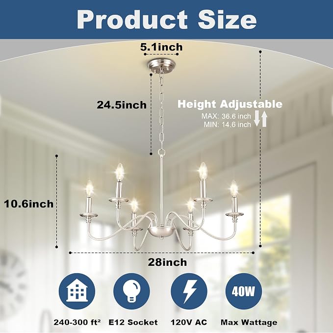Depuley Modern Chandelier for Dining Room: 6-Light Brushed Nickel Farmhouse Hanging Ceiling Pendant Light Fixture for Kitchen Island - Industrial Vintage Candle Chandeliers for Living Room - Image 2