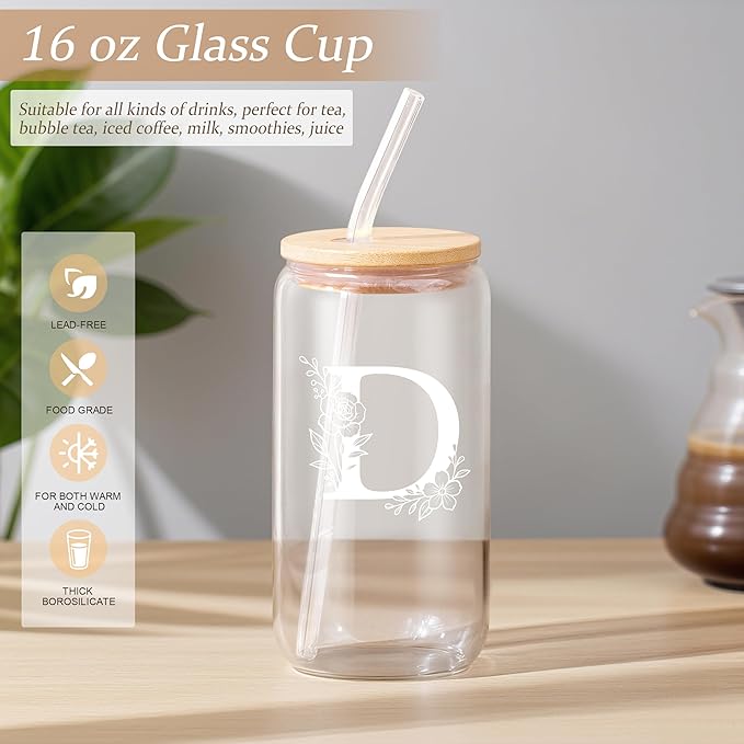 Personalized Gifts for Women, Monogrammed Gifts for Women, Initial 16 oz Glass Cups With Lids and Straws, Customized Mug, Personalized Birthday Gifts Christmas Gifts for Her Mom Friend Woman, D