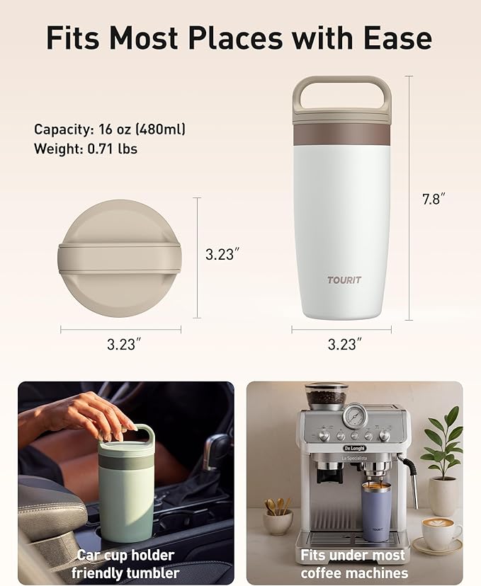 TOURIT Travel Coffee Mug 16 oz,Leakproof 2-Part Lid Tumbler,Grayish Green | Coffee Tumbler Cup, Insulated Stainless Steel Travel Mug, Dishwasher Safe Reusable Water Bottle, BPA-Free Coffee Mug - Image 7