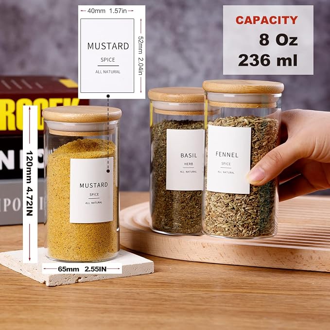 12 Pcs Glass Spice Jars With Bamboo Airtight Lids, 8oz Thicken(2.4mm) Spice Containers With 148 Minimalist Preprinted Waterproof Spice Labels, Kitchen Empty Small Storage Jars For Seasoning, Herb - Image 2