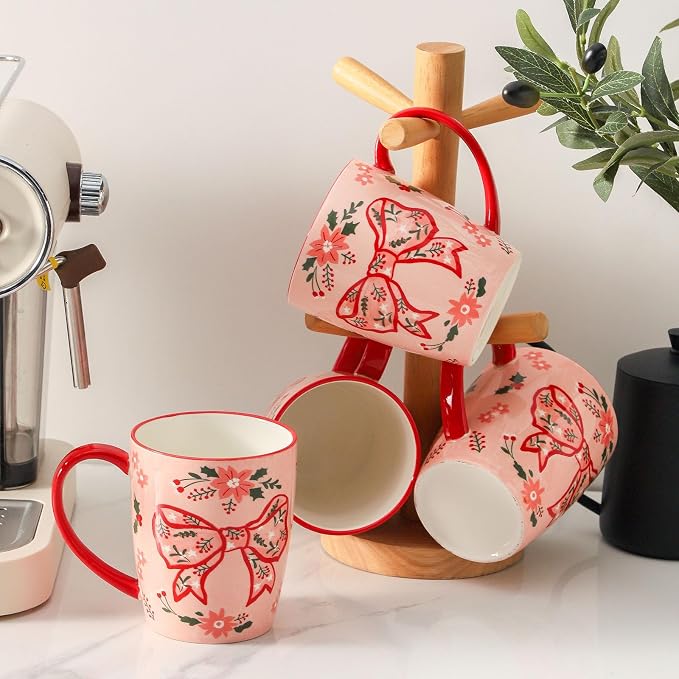 HASENSE Coffee Mugs Set of 4,16oz Ceramic Cups with Handle for Kitchen,Pink Bow Valentine's Day Latte Mugs for Hot Cocoa,Tea,Milk & Latte,Large Festive Stylish Mug Gift,Microwave and Dishwasher Safe - Image 5