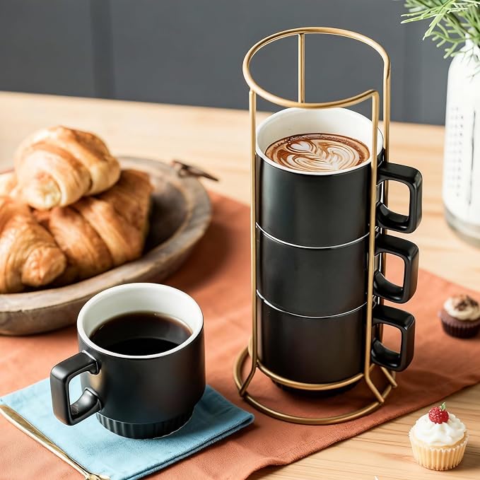 Miamolo Stackable Coffee Mugs with Stand Set of 4, Space-saving Storage | 11oz, Ceramic Latte Mugs | for Espresso Cappuccino Tea Hot Cocoa | Dishwasher & Microwave Safe | Housewarming Gift | Black - Image 2