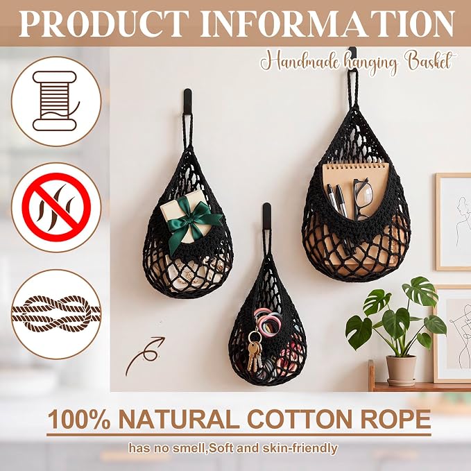 Honeydak Boho Decor Hanging Wall Baskets for Kitchen 3 Pack Teardrop Baskets with Hooks Storage Fruit Onion Vegetable Potato for Home(Black,Crochet,Cotton Rope) - Image 3