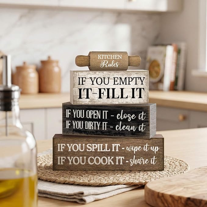 Moucuny 4 Pcs Rustic Wooden Table Decor Farmhouse Kitchen Rules Wood Sign Black Brown and White Centerpiece Rolling Pin Block Sign for Home Living Room Dining Room Shelf Table Decor - Image 7