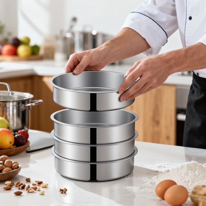 Ohtomber 8 Inch Stainless Steel Layer Cake Pan, Set of 4 | Stackable, Even Heating, Dishwasher Safe & Non-Toxic, Ideal for Birthday, Wedding & Christmas Holiday Baking - Image 7