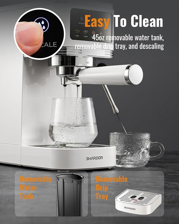 SHARDOR Espresso Machine 20 Bar, Professional Espresso Machine with Milk Frother and Touchscreen, Expresso Coffee Machines with Adjustable Temperature,for Cappuccino, Latte, Stainless Steel, White - Image 6