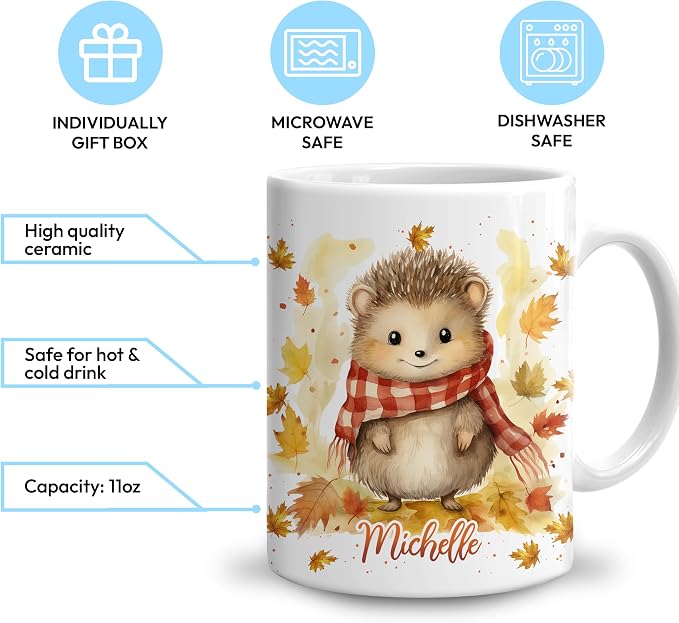 Hyturtle Personalized Fall Hedgehog Maple Leaves Mug, Fall Autumn Décor | Birthday Gifts For Hedgehog Lovers - Gift Ideas For Farmhouse Thanksgiving - Custom Name 11oz White Ceramic Coffee Tea Mug - Image 3