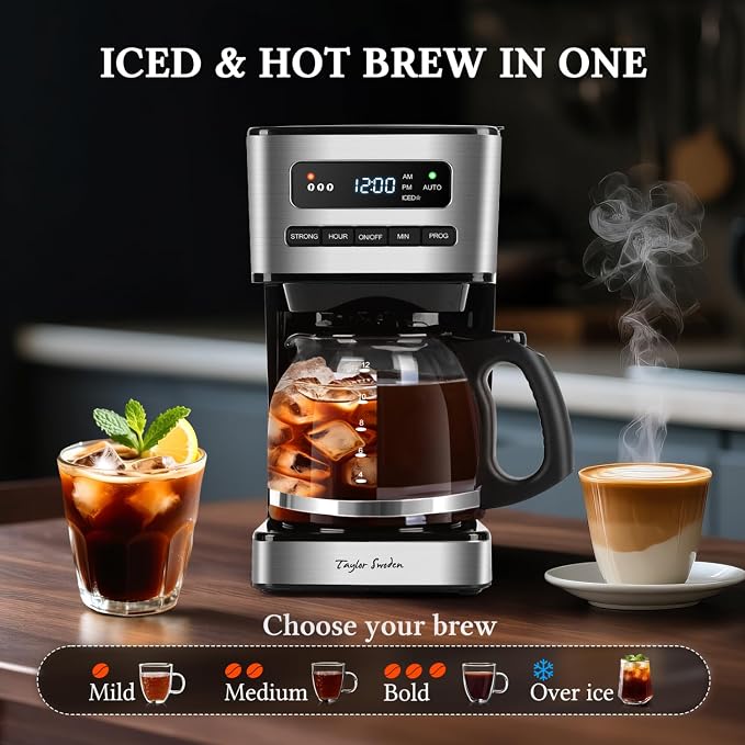 Taylor Swoden Programmable Coffee Maker 12 Cup, Black & Stainless Steel | Hot and Iced Coffee Maker, 4 Brew Strength, LED Display, 24H Timer, Keep Warm&Auto Shutoff- Drip Coffee Machine for Home - Image 3