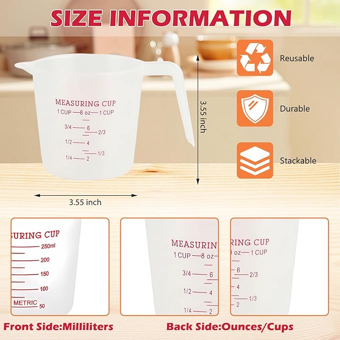 8 Pcs 1 Cup Capacity Plastic Measuring Cup, 8 Oz/250 ml Clear Graduated Measuring Cups Plastic Mug with Spout and Handles Ounce and Ml Cup Marking for Recipe Ingredient, Flour, Water, Liquid