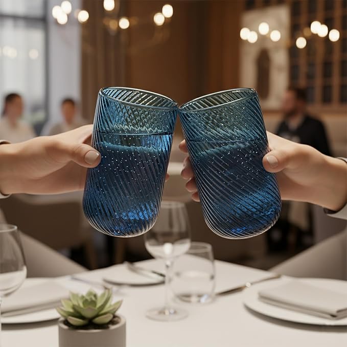 Set of 8 Ribbed Glassware,4 Highball Glasses 14oz & 4 Rocks Drinking Glasses 9oz, Origami Style, Fluted Design, for Milk, Water, Cocktail, Juice, Beer, ToothBrush Cup, Gif (Leaning Blue) - Image 7