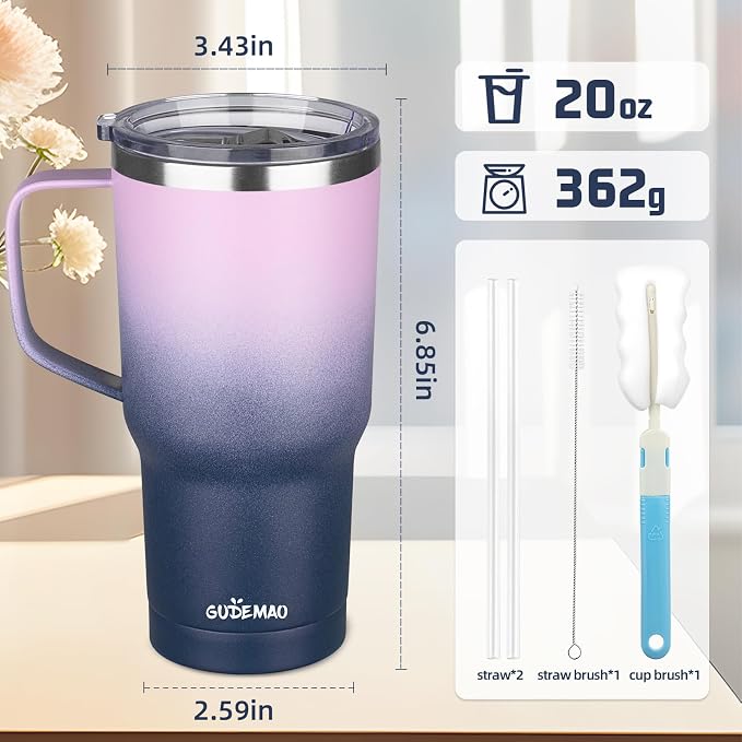 20 oz Insulated Coffee Mug with Ceramic Coating, Stainless Steel Travel Mug Tumbler with Handle Lid and Straw, Double Wall Leak-Proof Coffee Travel Mug Keeps Drink Hot and Cold (Purple blue) - Image 2