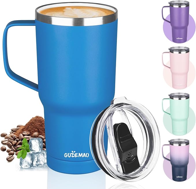 20 oz Insulated Coffee Mug with Ceramic Coating, Stainless Steel Travel Mug Tumbler with Handle Lid and Straw, Double Wall Leak-Proof Coffee Travel Mug Keeps Drink Hot and Cold (Blue) by GUDEMAO