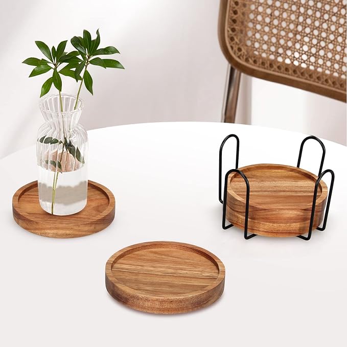 Wood Coasters Set of 4 Farmhouse Outdoor Coster for Drink Patio Table Decor | Cute Wooden Coaster with Holder Rustic Coffee Bar Accessories Kitchen and Dining Room Decoration Aesthetic Cool Cup Coasters - Image 7