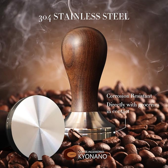 KYONANO Espresso Tamper 58mm - 58mm Coffee Tamper with Chacate Preto Wooden Handle & Stainless Steel Base - Espresso Hand Tamper - Espresso Press Tool - Suitable for Homemade Coffee, Espresso Machine