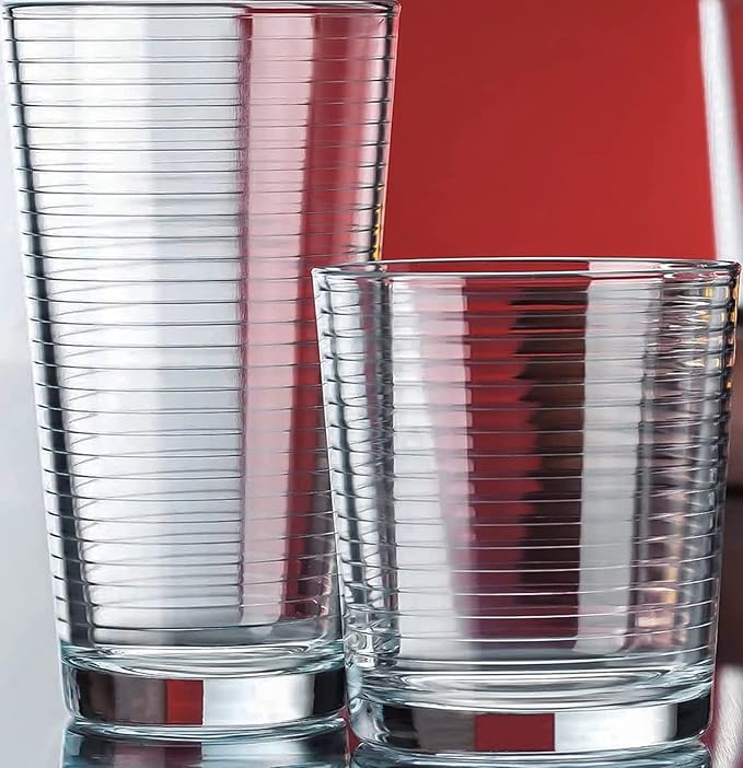 Le'raze Set of 16 Heavy Base Ribbed Durable Drinking Glasses Includes 8 Cooler Glasses (17oz) and 8 Rocks Glasses (13oz), Clear Glass Cups - Elegant Glassware Set by LERAZE