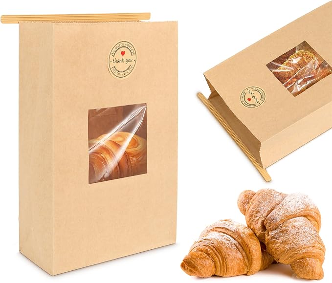 25-Piece Kraft Paper Bags with Window, Tin Tie Tab Locks and Free Stickers (5.9'L x 2.8'W x 9'H) for Food Storage by Cyblinia