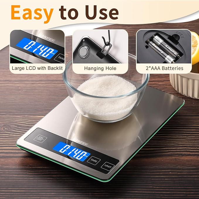 Food Scale, 33lb Digital Kitchen Scale with Stainless Steel & Tempered Glass, 1g / 0.05oz Precise Graduation, Waterproof and Sturdy Surface, for Cooking, Baking, Weight Loss, Meal Prep