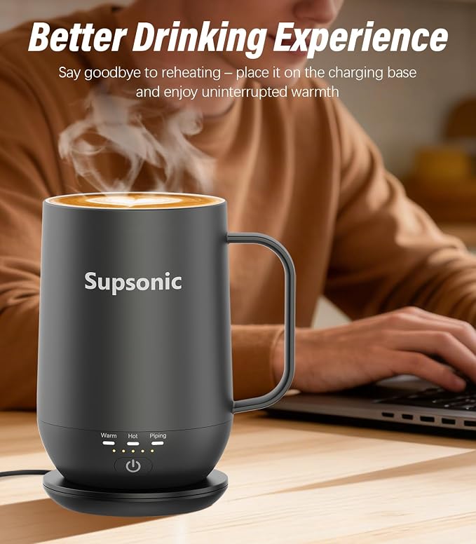 Supsonic - 16oz Self Heating Coffee Mug, Smart Heated Coffee Mug Faster Direct-Contact Heating Up to 149°F, Coffee Mug Warmer Set with Auto Shut-Off - Gifts for Men Women | S2 - Image 4